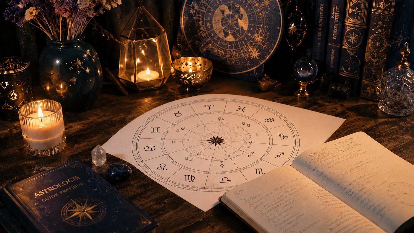 Thème astral, roue du zodiaque et ouvrages d'astrologie